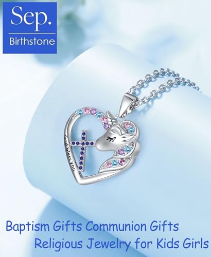 Easter Confirmation First Communion Baptism Gifts for Girls,Cross Birthstone Unicorn Necklaces for Daughter Granddaughter Niece Sister Christian Religious Gifts 16+3 Inches - color: 09.September