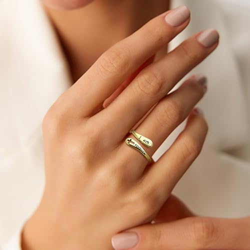 Jewmon 925 Sterling Silver Faith Cross Ring Adjustable I am Enough Inspirational Ring Engraved Bleassed Ring Encouragement Statement Ring for Women Chritian Jewelry Communion Baptism Chritian Gifts - color: E, I am Enough Ring Gold