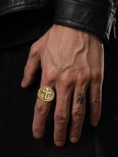 Christian Cross Rings for Men - Stainless Steel Jesus Jewelry with Celtic Knot Sides (Gold/Black/Silver) - Catholic Religious Gift, Size 7-13 - color: F-Gold-Jesus