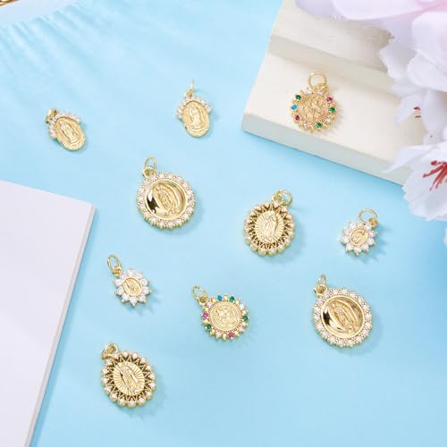 Elecrelive 10Pcs Virgin Mary Charms 18K Gold Plated Pendants Our Lady Link Miraculous Medal Charms Cubic Zirconia Pendants for DIY Jewelry Rosary Holy Beads Bracelet Necklace - color: Real 18K Gold