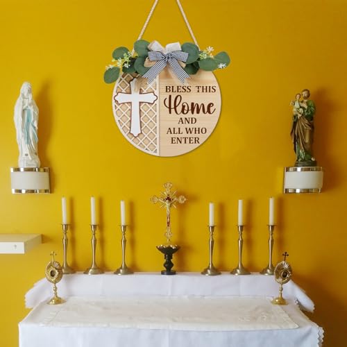 HOURIA 3D Bless This Home Door Wreath(11.4”x11.4”), Vintage Religious Christian Wall Decor,Jesus Cross Welcome Porch Wall Haning Sign,Bless This Home and Who Enter Sign for Church Farmhouse Front Door - color: Bless This Home Sign