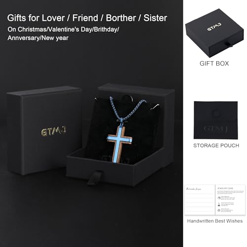 Wooden Cross Necklace for Men With Stainless steel And Black Ebony Adjustable Box Chain 24–26 inches Suitable for Everyday Wear And Christian Gifts for Men - color: Blue
