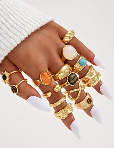 Gold Stackable Rings Set for Women, Gold Plated Chunky Crystal Finger Rings - color: Chunky Gold