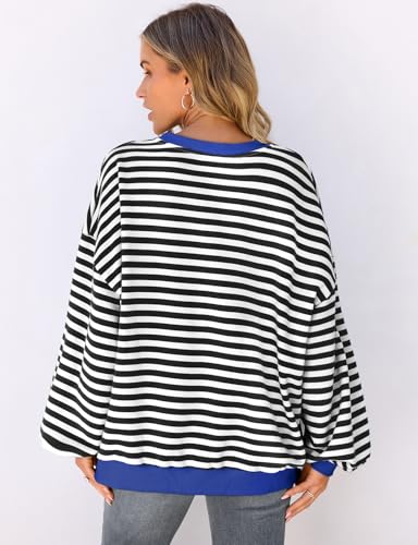 UEU Women Oversized Striped Crewneck Sweatshirt Long Sleeve Casual Pullover - color: Black Striped, size: Large