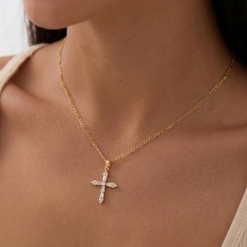 Cross Necklace for Women - Dainty 14K Gold Silver Plated Cross Necklace Choker Jewelry Cute Simple Small Trendy Non Tarnish Waterproof Faith Religious Jewelry Gift for Teenage - style: 11-CZ Cross-Gold