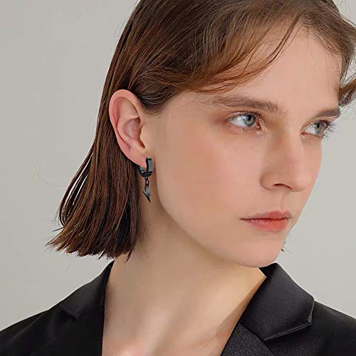 Unisex Punk Hip Hop Stainless Steel Silver Black Gold Tone Lock Thunder Lightning Bolt Dangle Huggie Hoop Earrings Gift for Women Men Boy Teens - color: Black-Lightning