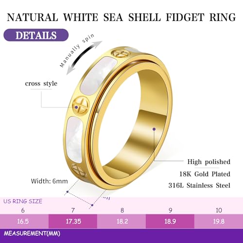 Fidget Ring for Women - Mother of Pearl Shell Cross 18K Gold Plated Love Ring Anxiety Relief Non Tarnish Stainless Steel Stackable Engagement Band - color: Gold, size: 6