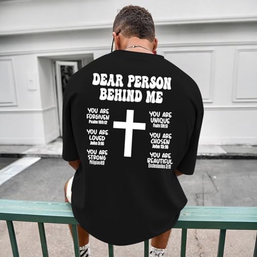 Mens Christian Bible Verse Shirts Dear Person Behind Me T Shirt Religious Jesus Inspirational Cross Graphic Tees - color: Black, size: Large