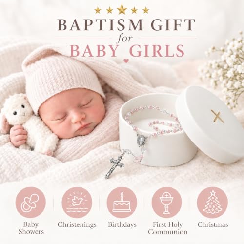 Baptism Gifts for Girls – Pink Rosary with Ceramic Keepsake Box and Card, Christening Gift - color: Pink