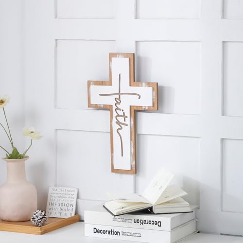 TRENDIN Rustic Wood Cross Wall Decor, Wooden Faith Decor - color: White