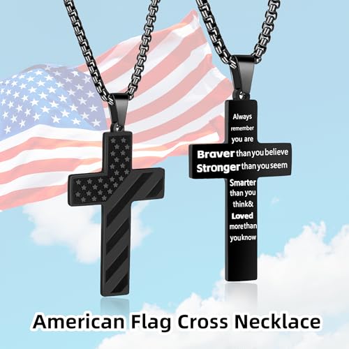 American Flag Cross Necklace for Men, Christian Confirmation Baptism Gifts - color: Black, style: Brave Strong