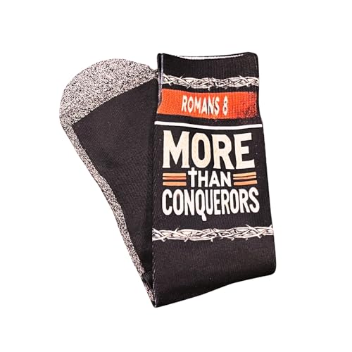 Bible Verse Socks for Men, Christian Scripture Crew Socks, Faith Gift - color: More Than Conquerors