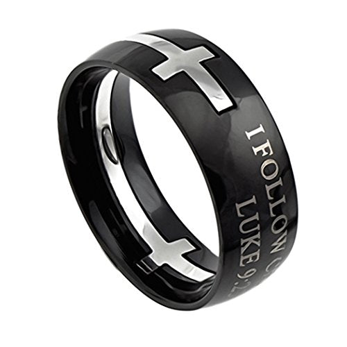 K37 I Follow Christ Luke 9:23 Scripture Wedding Band Christian Engagement Ring