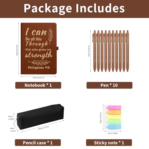 Christian Gift Set, Prayer Notebook and 10 Bible Pen Set with Sticky Notes & Pencil Case, Bulk Inspirational Church Notes Notebook Supplies for Women Men Grandparents Church Pastor, Brown - color: Brown