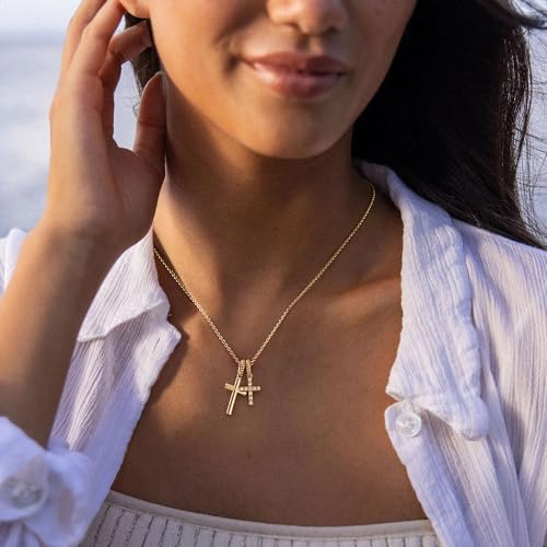 Gold Cross Necklace for Women: 14K Gold Plated Dainty Cross Pendant Non-Tarnish Necklace, Faith Crucifix Chain Jewelry, Elegant Religious Gifts - style: Double Cross