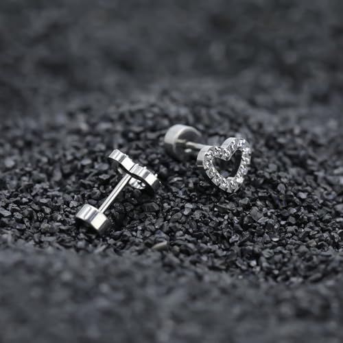 XUU 20G Flat Back Stud Earrings ASTM F136 Titanium & Sparkling CZ - color: silver heart