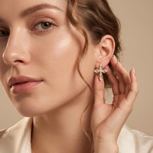Sterling Silver Dainty Cross Earrings For Women, Christian Religious Faith Cubic Zirconia Stud Earrings - color: 18k Gold