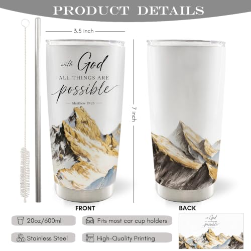 Christian Bible Verse 20oz Travel Coffee Mug Tumbler, Christian Religious Gifts for Women, with God All Things Are Possible Mountain Landscape Stainless Steel Tumbler with Lid and Straw - color: withgod