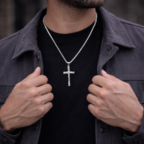 Hammered Stainless Steel Cross Necklace for Men Rustic Christian Faith Jewelry Gift Gold Black Silver Cross Chain for Teens Son Gift 16-24Inches - color: SILVER, size: 16INCH