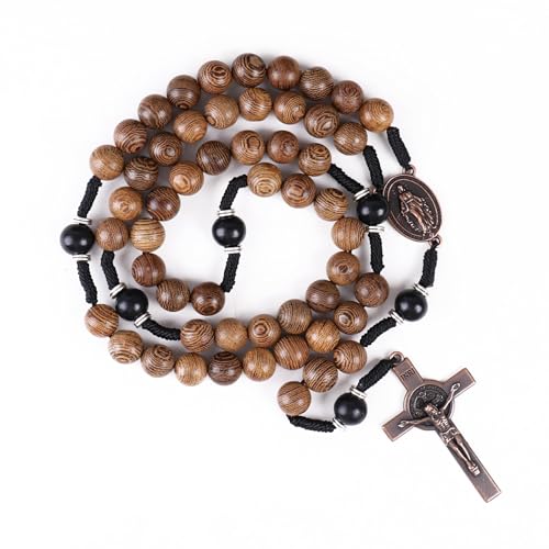 Nazareth Store Classic 10mm Solid Wood Rosary Beads Necklace for Men Olive & Dark Red Wooden Strong Rugged Corded Catholic Rosary with St.Benedict Medal & Cross Crucifix - color: Olive & Black Wood, style: Miraculous