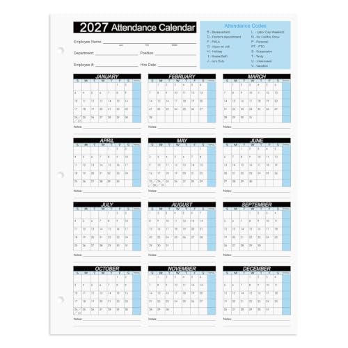 2027 Attendance Calendar Work Tracker Attendance Calendar Cards - 8.5 X 11 Cardstock/Pack of 25 Sheets
