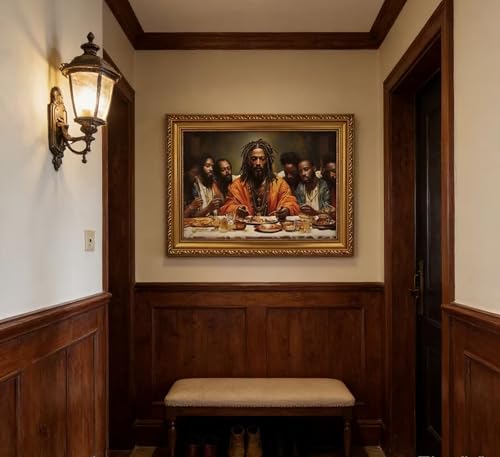 Vintage Gold Frame Modern Black Jesus Canvas Wall Art African American The Last Supper Painting Picture Wall Decor Black Man Christian Poster Print Artwork for Kitchen Dining Living Room Decoration - color: Gold Framed, size: 11"L x 9"W