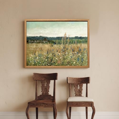 Cyebmo Christian Bible Verse Wall Art, Vintage “Consider the Lilies” Scripture Wall Decor, Rustic Wildflower Canvas Painting, Religious Jesus Artwork for Church Prayer Hospital Wood Framed 20x30 Inch - color: VintageScripture(Wood), size: 30"L x 20"W