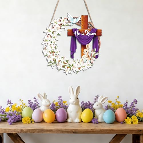 He is Risen Easter Wooden Wreaths, 12 Inch Bunny Eggs Cross Wood Wreath Decorations, Easter Jesus Lily Front Door Wall Hanging Signs for Spring Holiday Festival Indoor Outdoor Farmhouse Home Decor