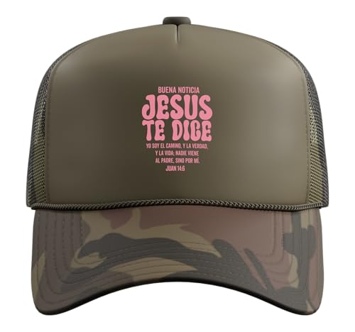 Camiseta cristiana en Espanol para Mujer Spanish Christian Trucker Hat with Adjustable Mesh Back - color: Camo Green