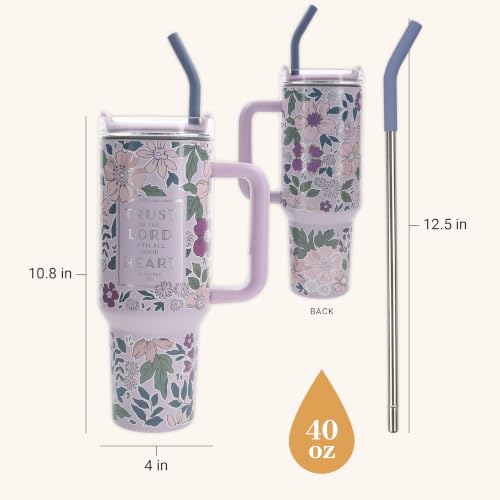 Christian Art Gifts Extra Large Double Wall Stainless Steel Insulated Travel Tumbler for Women: Trust in the Lord Scripture, Twist Dial Lid, Reusable Straw & Tip, Lavender Purple Floral, 40 oz