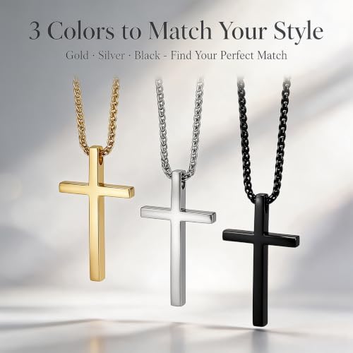 Three sets Steel Cross Necklace with Lord's Prayer, Stainless Steel, Silver, 24 Inches, Ball Chain,gift christian, Polished Finish, Military Theme, Religious Crucifix Pendan,fou gift box - color: GOLD-BLACK-SILVER
