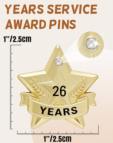 Years of Service Pins, Gold Star Pin for 1-30 Year Work Anniversary, Long Standing Employee Recognition Award Star Pins for Staff, Team & Volunteers - style: 26 Years