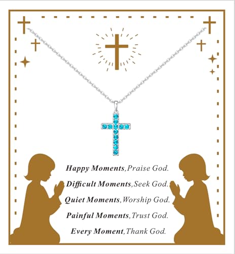 Birthstone Cross Necklace for Women,First Communion Gifts Easter Baptism Cross Jewelry Pendant Gift - color: 12December-Zircon Blue
