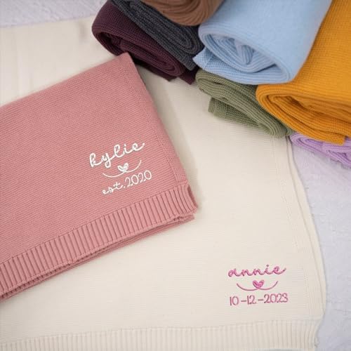 IZI POD Personalized Knit Baby Blanket, Embroidered Name Nursery Blanket, Cotton Knit Stroller Blankets, Gift for Baby, Birthday - Style 12 - color: Custom 4
