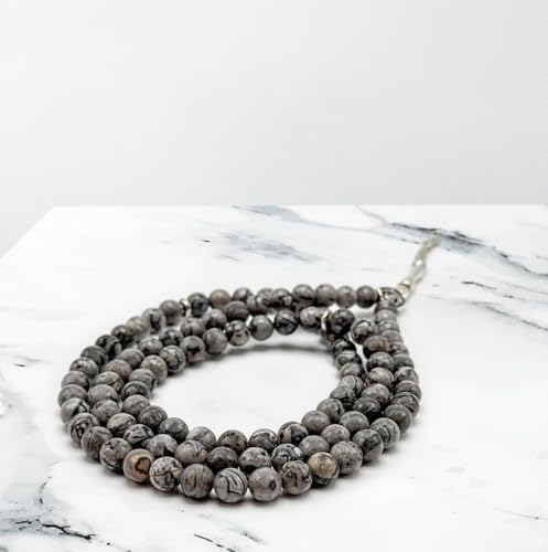 Elegant 8mm Jasper Map Agate Handmade Tasbih – Gemstone Muslim Prayer Beads, Metal Tassel with Special Case | Islamic Gifts for Dhikr, Namaz, Meditation - size: 99 Beads