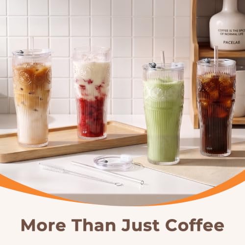 GOSCHE 20 oz Iced Coffee Cups with Lids, Glass Cups with Lids and Straws, Borosilicate Glass Tumbler for Coffee,Tea and Water, 2 Pack, Daisy