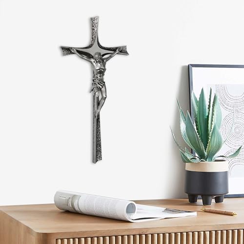 ShineOnAngel Crucifix Wall Cross, 12 Inch Silver Color Durable Resin Wall Crucifix Modern Home Decor, Hand Painted Antique Style Jesus Cross for Wall Religious Housewarming Gifts - color: Silver