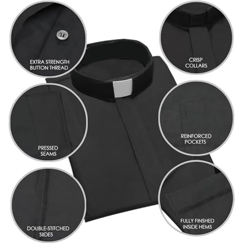 CLERKMANS Men’s Clergy Priest Shirt Long Sleeves, Free Tab Collar Insert for Pastor Preacher Minister Costume Button Shirt - size: 15" Neck