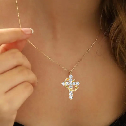 Crown Cross Necklace Earring Set for Women,Diamond Dainty 14k Gold Plated Cubic Zirconia Pendant Necklaces and Earring,Trendy Waterproof Non Tarnish Faith Jewelry First Communion Necklace - color: Silver Necklace