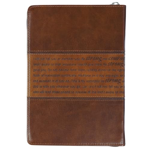 Christian Art Gifts Classic Faux Leather Journal Strong and Courageous Joshua 1:57 Bible Verse, Brown Inspirational Notebook, Lined Pages w/Scripture, Ribbon Marker, Zipper Closure