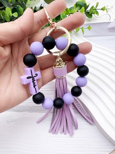 Beaded Keychain Wristlet Silicone Cross Elastic Wrist Key Ring Tassel Bangle Key Chains for Car Key Bracelet Women - color: Purple