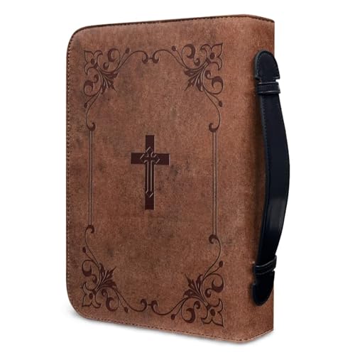 Dellukee Large Bible Bag Brown Cross Floral Print Leather Bible Cover Case for Women, Church Bag a Christian Gift - color: Brown Cross Floral, size: Meduim-bible size ≤8.2*5.3*1.3 inch