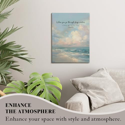 KU-DaYi Ocean Beach Christian Wall Art Decor, Bible Verse Coastal Canvas Prints Pictures Framed, Religious When You Go Through Deep Waters Wall Art Prints for Home Bedroom Living Room Decor, 11x14 In