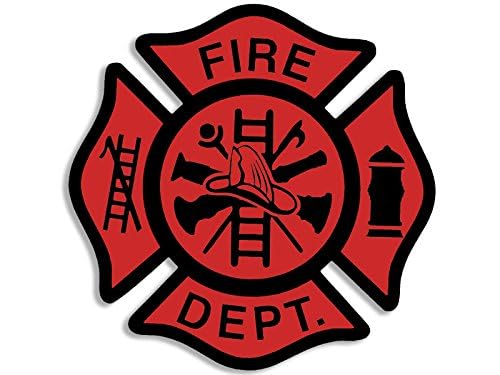 Red and Black Fire Dept Maltese Cross Shaped Sticker (Firefighter First Responder Vinyl Decal for car Truck or Laptop (3 inch)