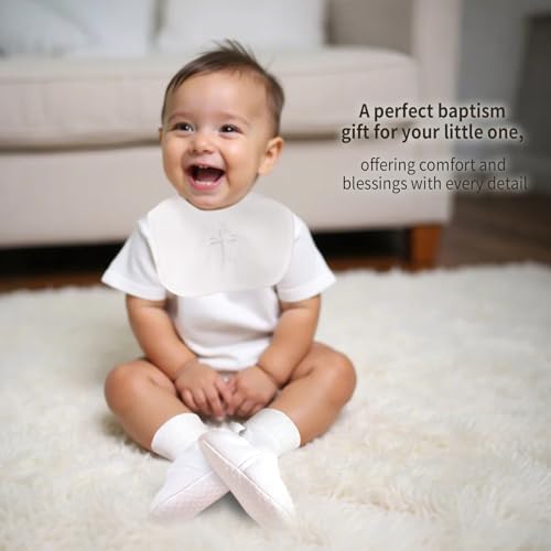 Baptism Gifts Set for Boys and Girls,White Embroidered Cross Bibs Christening Shoes and Socks for Baby Infant. - size: 6-8Month