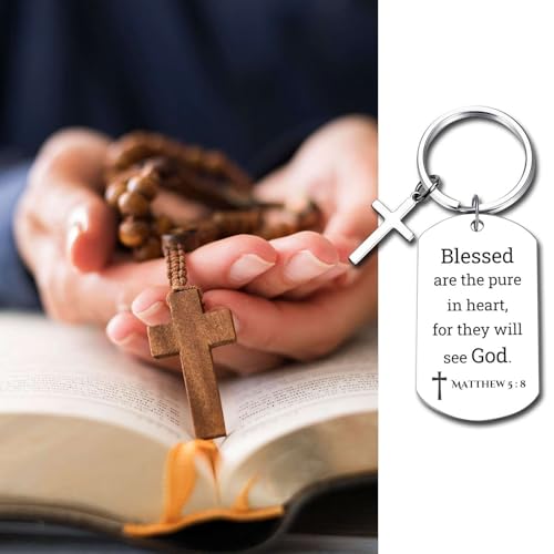 GiftYou Inspirational Scripture Metal Key Chains with Cross Pendant - Bible Verse Keychain Religious Gift for Christian - color: Matthew 5:8