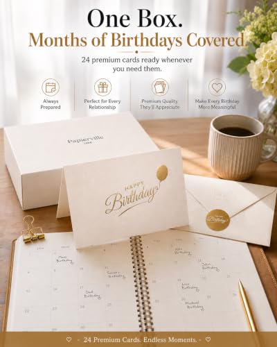 Happy Birthday Cards with Envelopes and Stickers, 24 Pack, Cream Greeting Cards with Gold Foil Balloon Design, Elegant Birthday Card Set for Friends, Family, Clients (Cream) - color: Cream