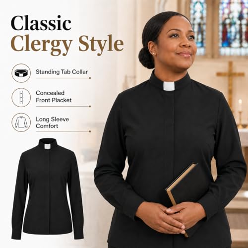 Women’s Clergy Shirt Tab Collar Shirt with Collar Insert Long Sleeve and Short Sleeve Ministry Blouse Pastor - color: Black 02 (Long Sleeves), size: 4X-Large