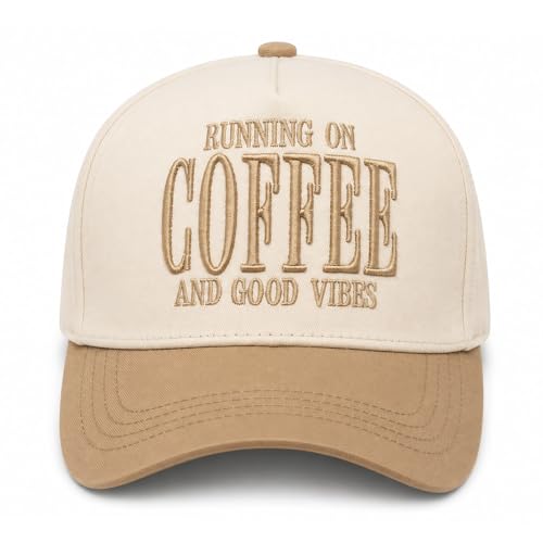 THE INSPIRATION CO. Running on Coffee Embroidered Hat - Trendy Coffee Lover Cap, Adjustable Snapback Baseball Hat - color: Tan