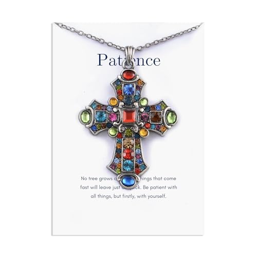 Alilang Silver Tone Stained Glass Rhinestone Patonce Cross Pendant Necklace with Religious Message Card & Envelope Christian Jewelry - style: Patience